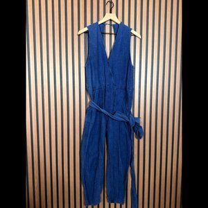 Free People Jumpsuit XS Womens Blue 100% Linen Waist Tie Faux Wrap One Piece